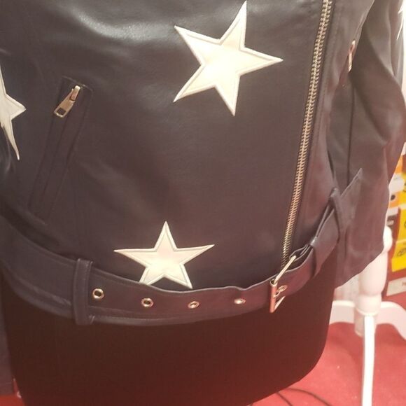Leather jacket Embroidered white stars size L 10-12 - Picture 7 of 8